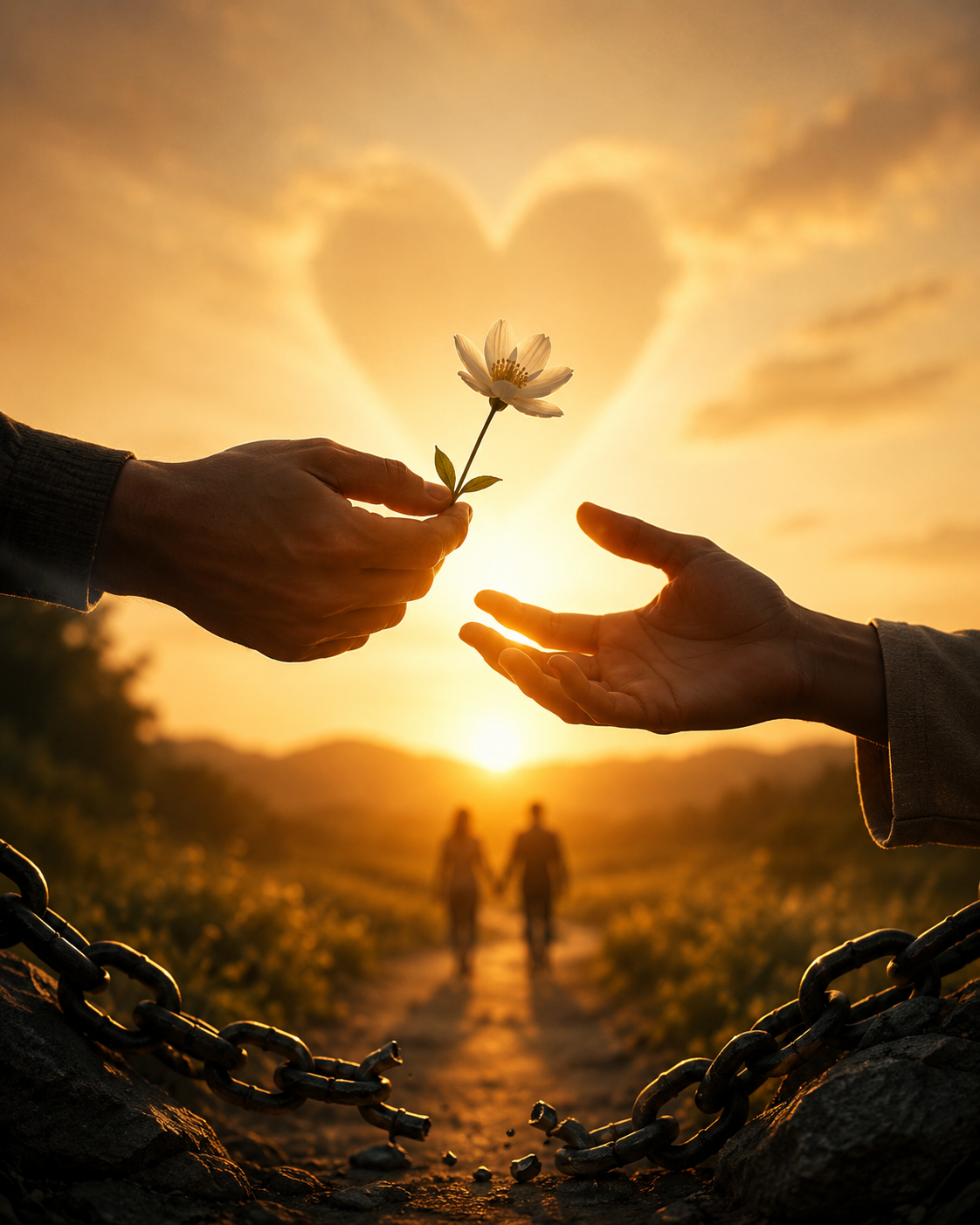 A warm sunset scene symbolizing forgiveness and reconciliation. One hand gently offers a white flower to another outstretched hand, while broken chains lie in the foreground, representing freedom from past hurts. In the distance, two people walk together along a path beneath a glowing heart-shaped light in the sky, conveying healing, restored relationships, hope, and emotional renewal.