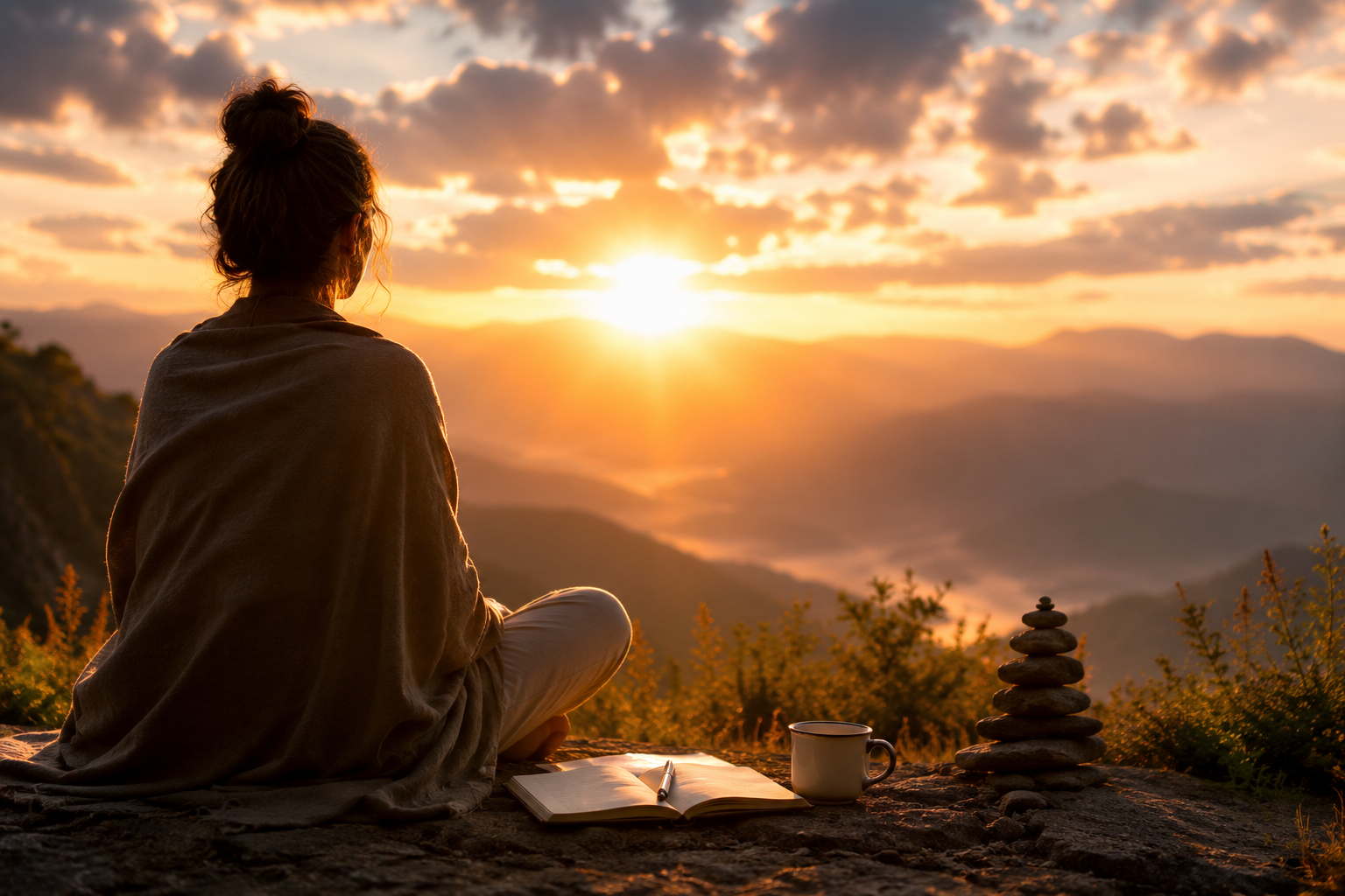 A peaceful sunrise scene showing a person sitting quietly on a mountaintop overlook, wrapped in a blanket and facing the glowing horizon. An open journal, a cup, and a stack of balanced stones rest nearby, symbolizing reflection, mindfulness, and spiritual growth. Warm golden light spreads across the valley and distant mountains, creating a serene atmosphere of renewal, inner peace, and personal transformation.