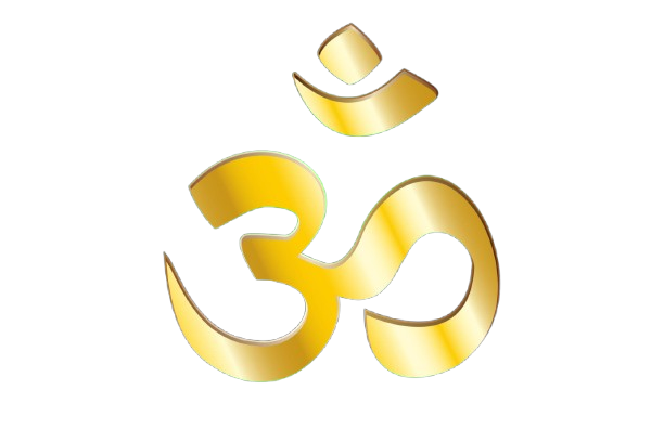 A glowing golden Om (ॐ) symbol centered on a solid black background, designed with smooth curves and a metallic gradient finish that gives it a radiant, spiritual, and premium appearance.