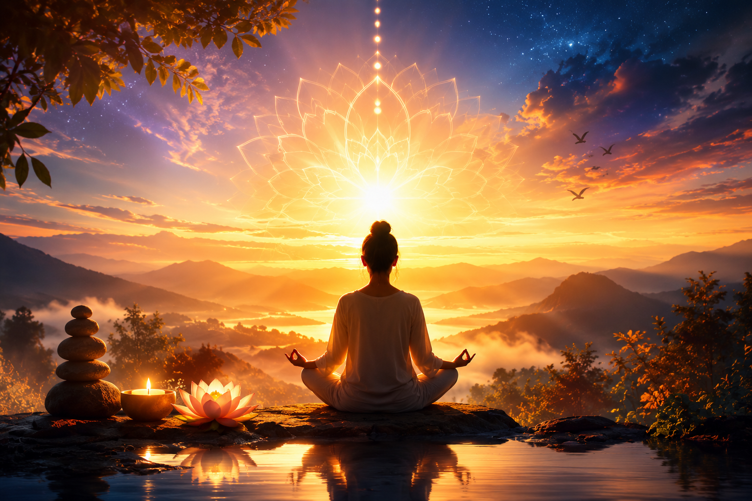 A tranquil sunrise landscape featuring a person meditating beside a calm lake, surrounded by mountains and soft morning mist. A glowing lotus-shaped mandala radiates above the figure, symbolizing inner awareness and spiritual connection. Nearby, a stack of books, a candle, a lotus flower, and balanced stones represent learning, reflection, and personal growth. Warm golden light fills the scene, creating an atmosphere of peace, mindfulness, and spiritual discovery.