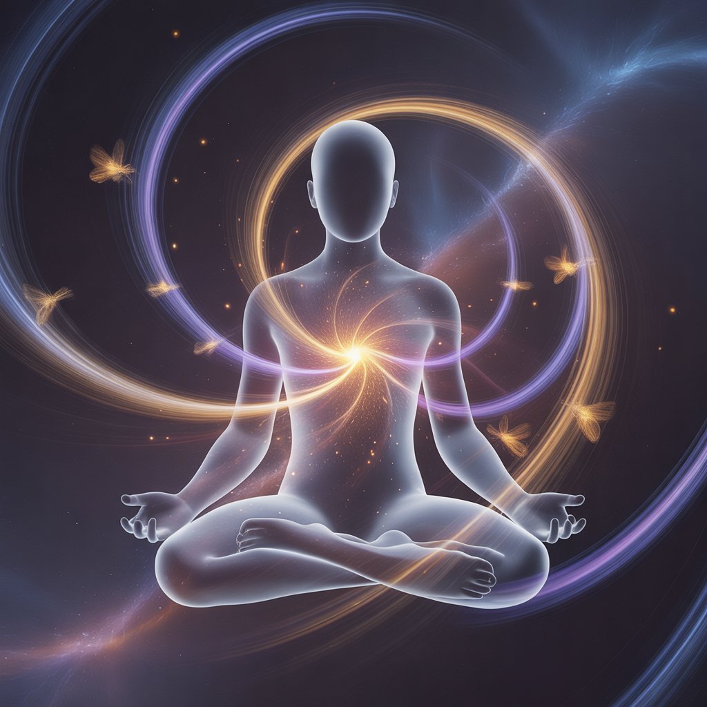 An ethereal digital illustration of a translucent human figure meditating in a lotus pose, surrounded by swirling cosmic light and glowing particles. A radiant energy center shines from the heart, with gentle, luminous forms floating around, symbolizing universal consciousness, inner awakening, and spiritual harmony.