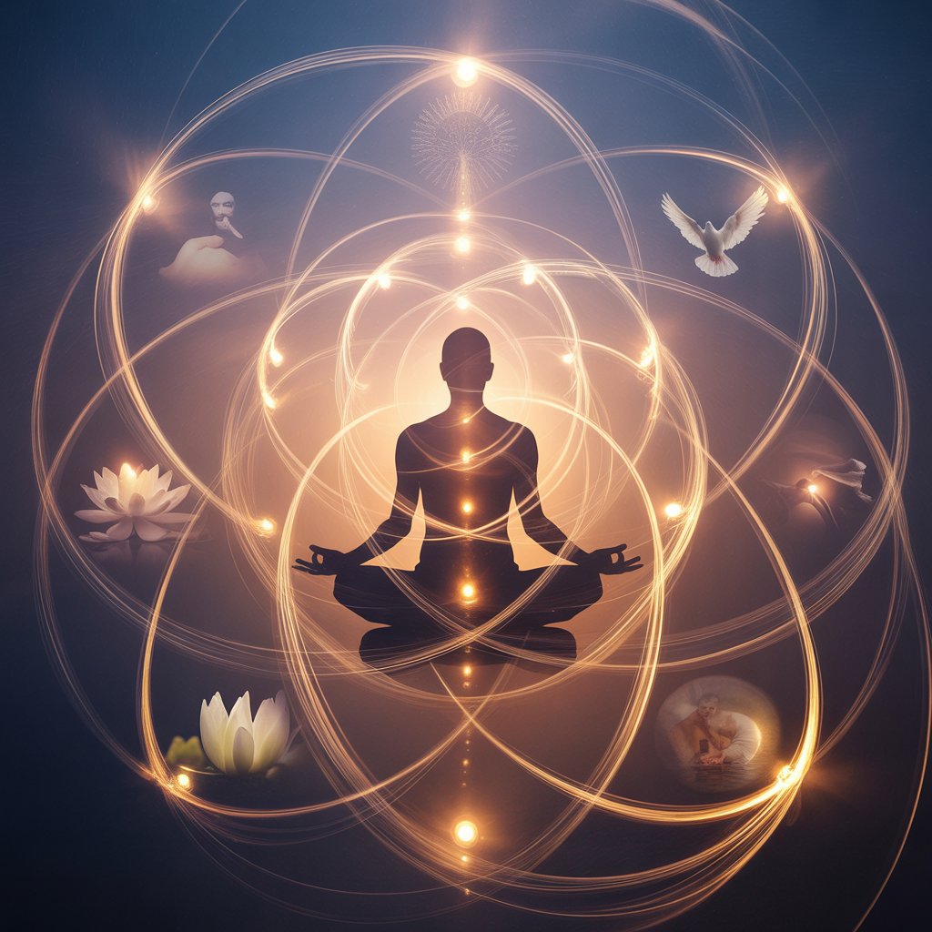 A mystical digital illustration of a meditating silhouette in a lotus pose, surrounded by glowing golden orbits and radiant energy points. Symbols such as lotus flowers, a dove, and serene spiritual figures appear around the central form, representing balance, divine connection, chakras, and the harmony of mind, body, and soul.