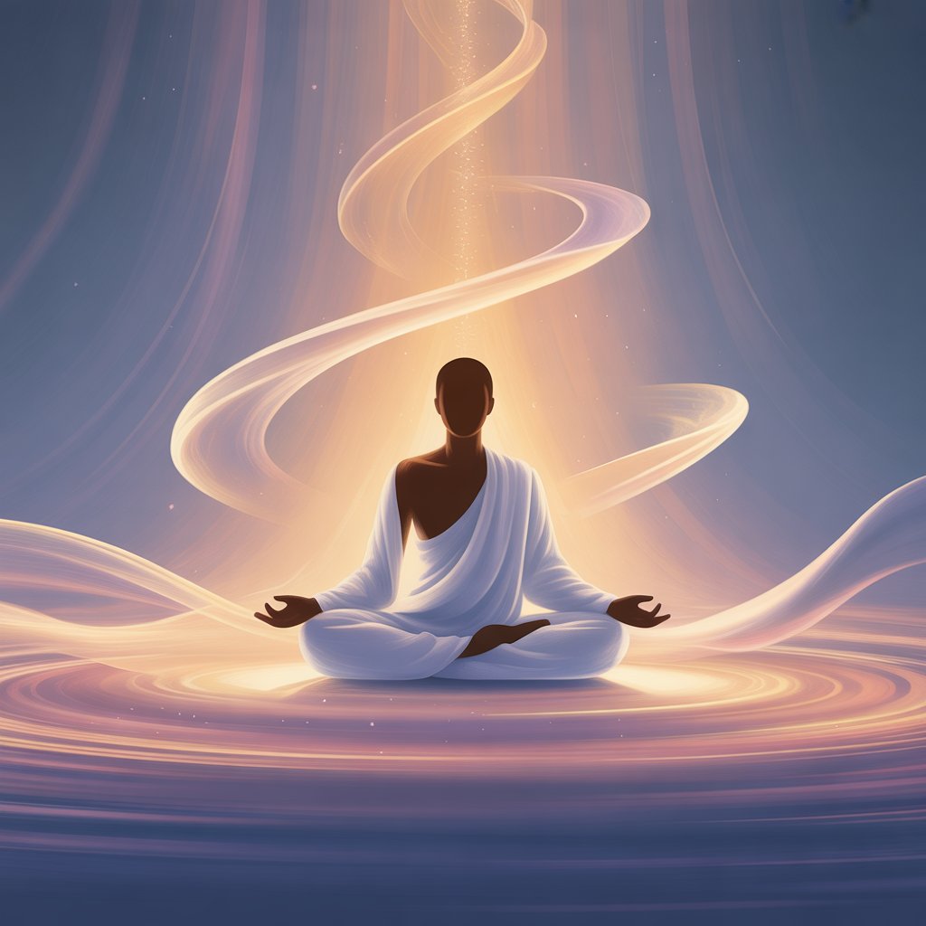 A peaceful digital artwork of a meditating figure sitting cross-legged in flowing white robes, surrounded by soft golden light and swirling luminous energy. The calm, abstract background and gentle glow symbolize inner balance, spiritual awakening, mindfulness, and deep meditation.