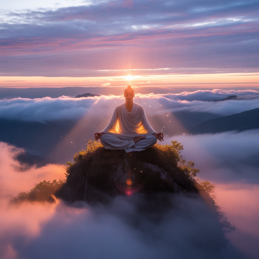 A serene, spiritual scene showing a meditating figure seated cross-legged on a rocky peak above soft clouds at sunrise. Golden light radiates from the person’s heart and body, blending with pink and purple skies, symbolizing inner peace, enlightenment, and spiritual awakening amidst nature’s calm.