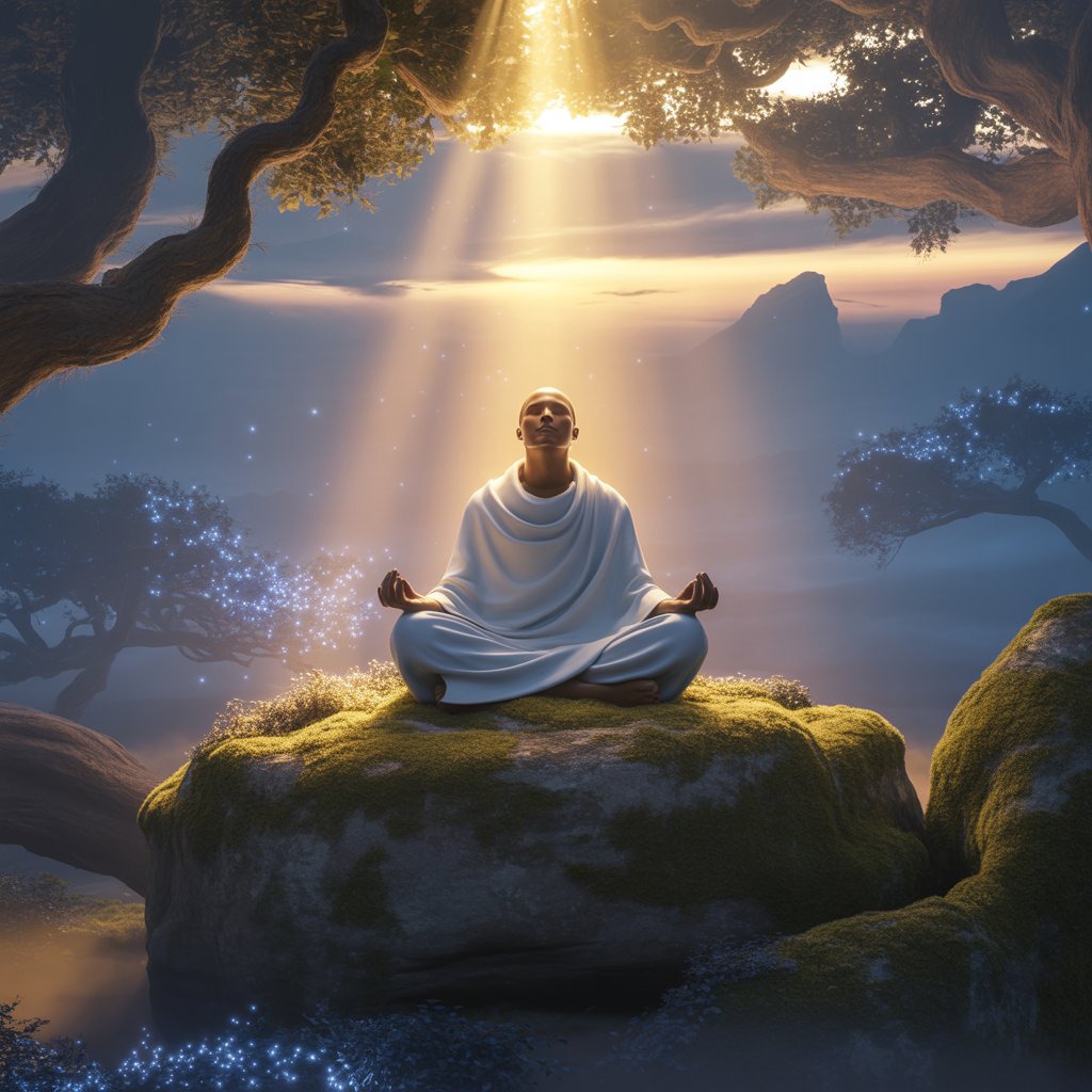 A tranquil spiritual scene showing a meditating figure seated cross-legged on a moss-covered rock in a mystical forest. Soft golden light streams down from above, illuminating the person in white robes, while glowing particles float around, symbolizing divine energy, inner peace, and spiritual enlightenment in harmony with nature.