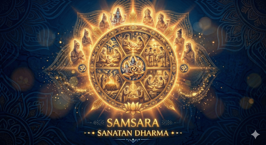 An ornate spiritual digital artwork titled "SAMSARA • SANATAN DHARMA" at the bottom in elegant golden text. Set against a deep, dark blue background covered in subtle, larger-scale mandala patterns with scattered golden particles, the central piece is a spectacular, complex golden wheel. This Wheel of Samsara (Bhava Chakra) is forging of glowing gold, radiating an intense starburst of light and sparkling particles. The wheel's outer ring is an intricate pattern, and its central hub contains a detailed depiction of the Trinity: Lord Shiva, Lord Vishnu, and Lord Brahma, all intertwined. The main body of the wheel is divided into multiple segments containing detailed, narrative scenes of various life activities, including family, prayer, old age, a child learning, and ritual sacrifices. Encircling the entire central wheel are individual glowing portraits of seven divine figures and sages, with Lord Shiva at the very top. To the left and right of the wheel are glowing 'Om' (ॐ) symbols, and at the wheel's base is a large, ornate glowing golden lotus. The entire composition has a balanced, radiant, and profoundly spiritual feel, with complex, interwoven patterns