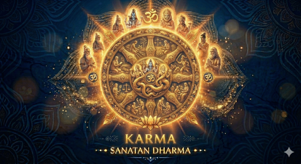 An ornate spiritual digital artwork titled "KARMA • SANATAN DHARMA" in bold, elegant golden lettering at the bottom. Set against a textured, dark blue background featuring deep-toned mandala patterns and glowing bokeh light spots, the central focus is a massive, radiant golden wheel representing the Wheel of Karma. The wheel glows with an intense golden-orange light, emitting a starburst effect and sparkling particles. The central hub depicts the Hindu Trinity—Brahma, Vishnu, and Shiva—surrounding a small 'Om' symbol. The spokes of the wheel create segments filled with detailed narrative scenes illustrating the law of cause and effect: people sowing seeds, harvesting, helping one another, and engaging in various acts of service and labor. Surrounding the upper half of the wheel are glowing portraits of ten divine figures and revered sages (Rishis) in prayerful or meditative poses, with Lord Shiva and a large 'Om' (ॐ) symbol positioned at the very top. Two smaller glowing 'Om' symbols flank the wheel's sides, and the entire structure rests upon a radiant, multi-petaled golden lotus. The overall composition is symmetrical and luminous, symbolizing the intricate and divine balance of action and consequence.