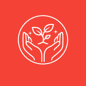 Elegant white outline icon of hands gently holding a small growing plant inside a circle, symbolizing personal growth, healing, and positive transformation with red background