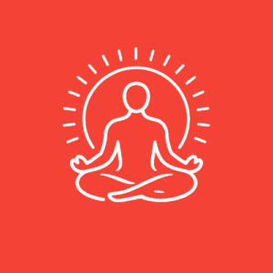 White outline of a person sitting cross-legged in a meditative pose with a sun or halo behind them, on a red background.